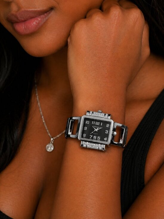 Women\'s Crystal Rectangle Dial Watch Cuff Bangle Bracelet Analog, SILVER main image 4